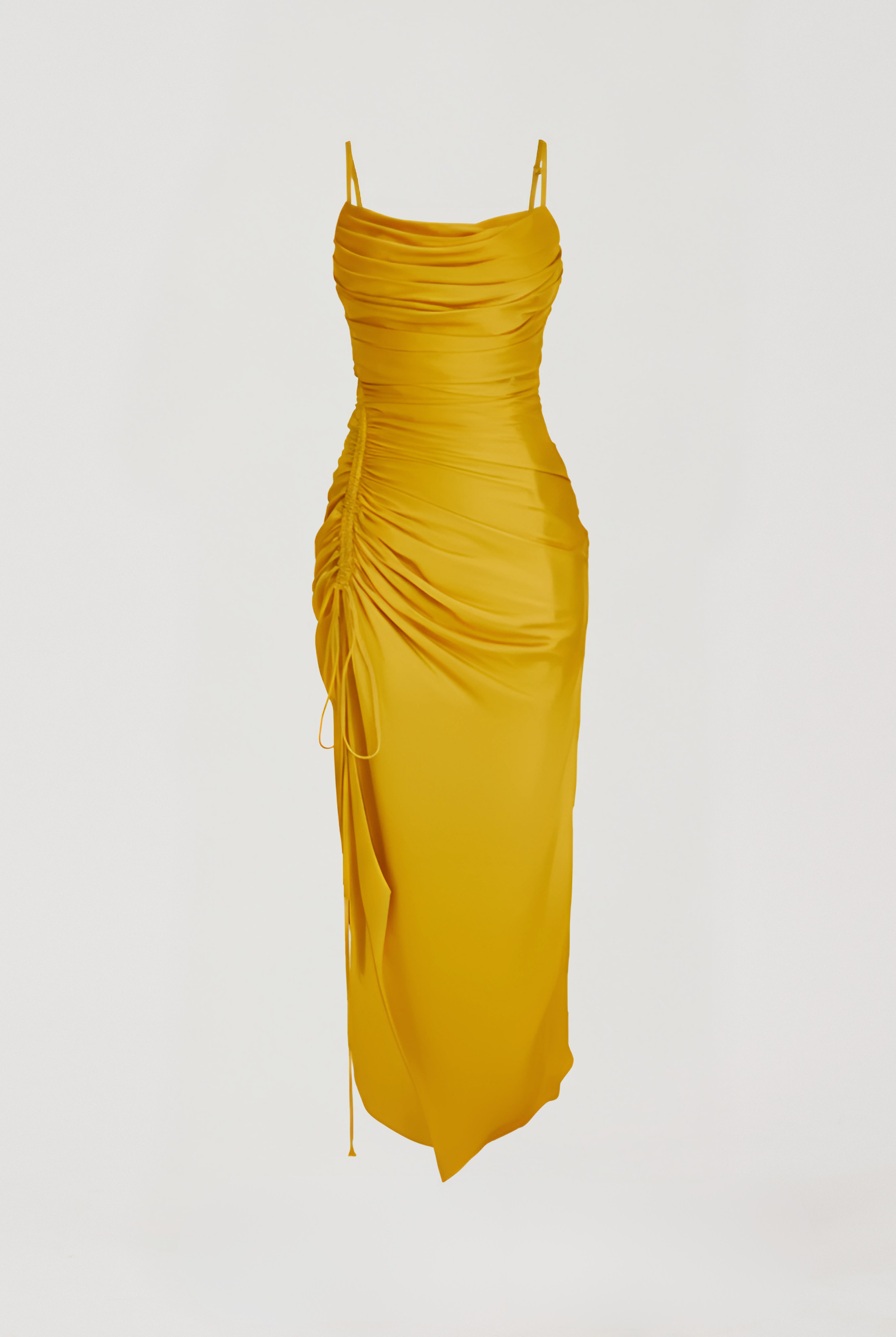 Flatlay image of sunny yellow spaghetti drape dress