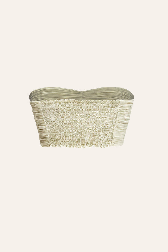 Muslin ruched Bandeau top- off-shoulder design, micro pleating texture from Aroka.