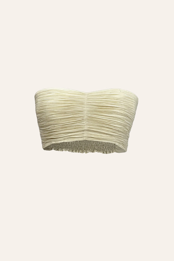 Muslin ruched Bandeau top- off-shoulder design, micro pleating texture from Aroka.