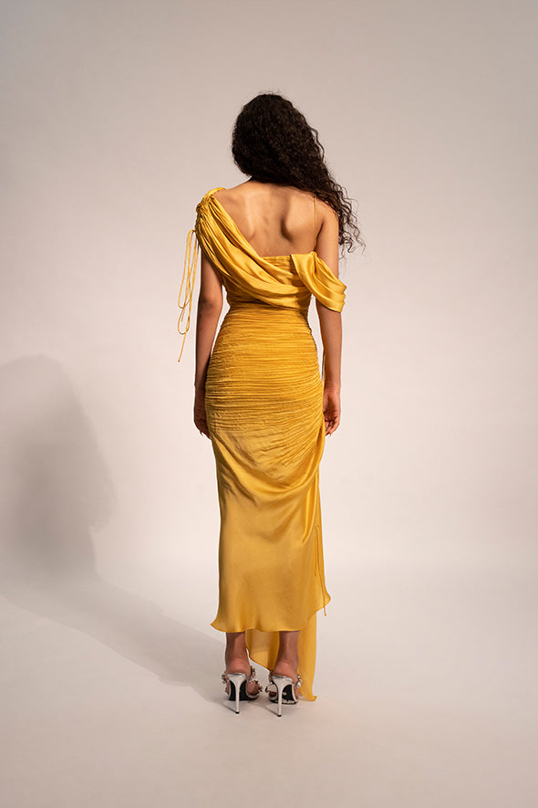 Modal satin with ruched details, an adjustable slit, shoulder tie-up and detachable drape sleeves from Aroka