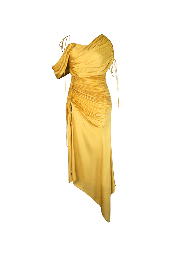 Modal satin with ruched details, an adjustable slit, shoulder tie-up and detachable drape sleeves from Aroka