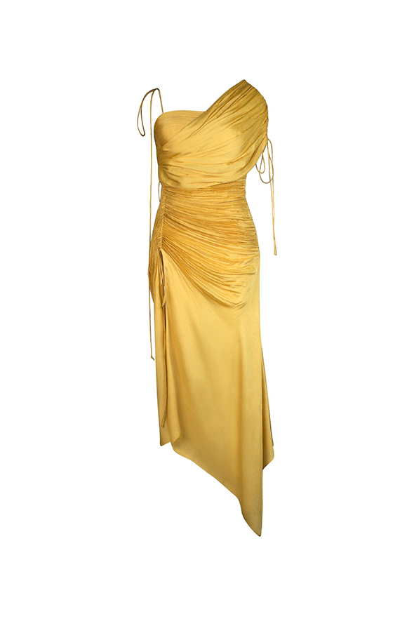 Modal satin with ruched details, an adjustable slit, shoulder tie-up and detachable drape sleeves from Aroka