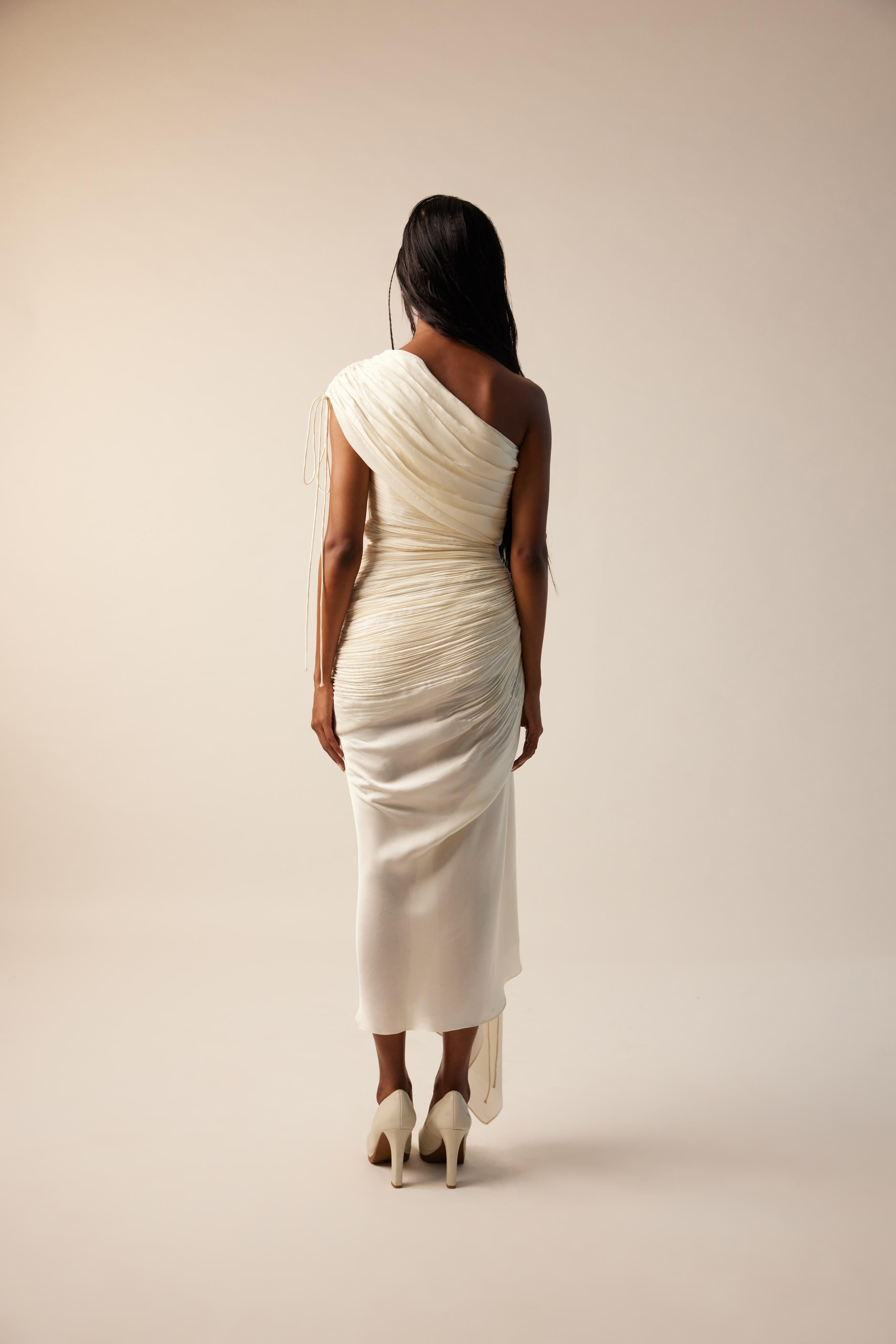 White Rosie dress-Ivory Ruched and Draped One-Shoulder Satin Dress from Aroka