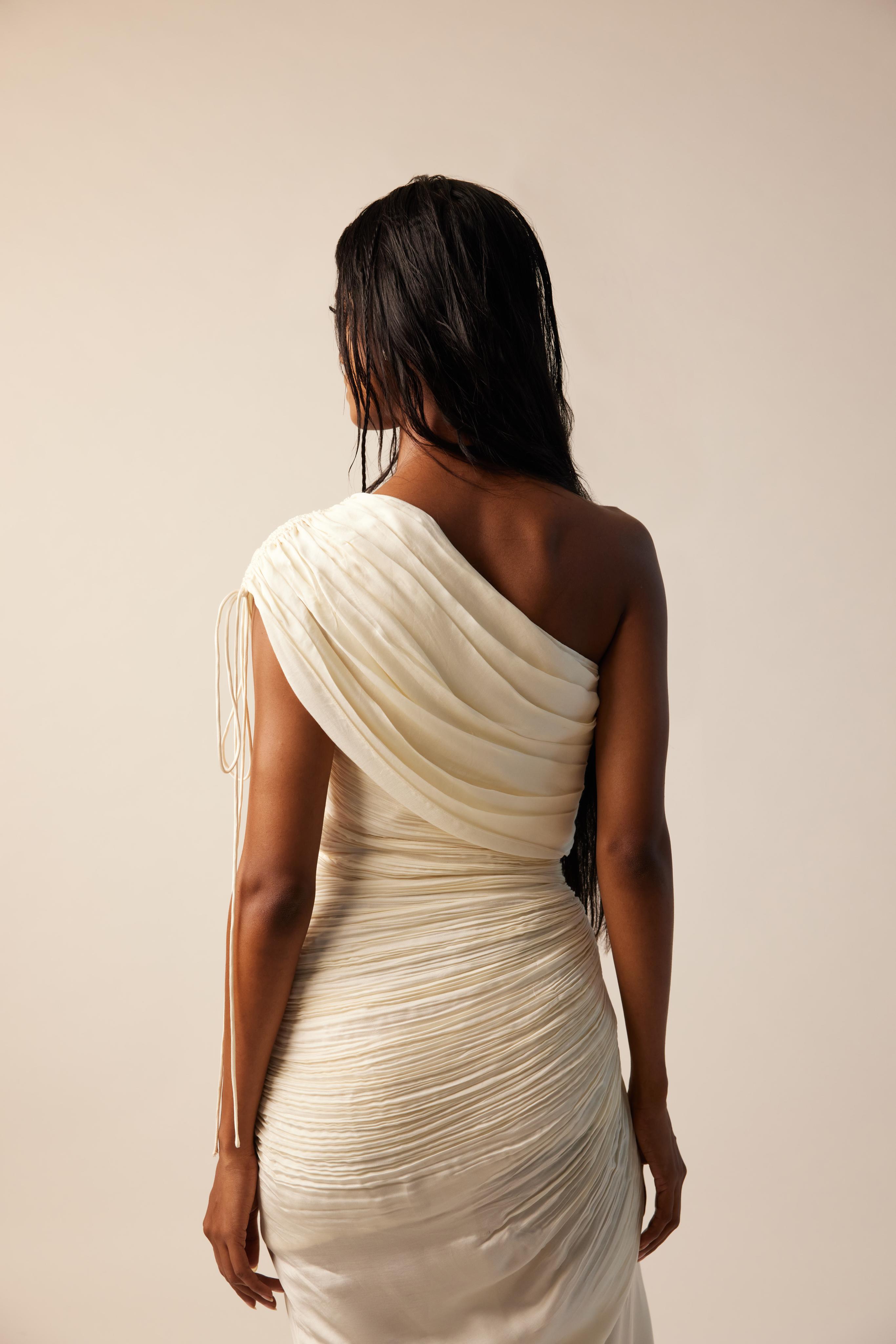 White Rosie dress-Ivory Ruched and Draped One-Shoulder Satin Dress from Aroka