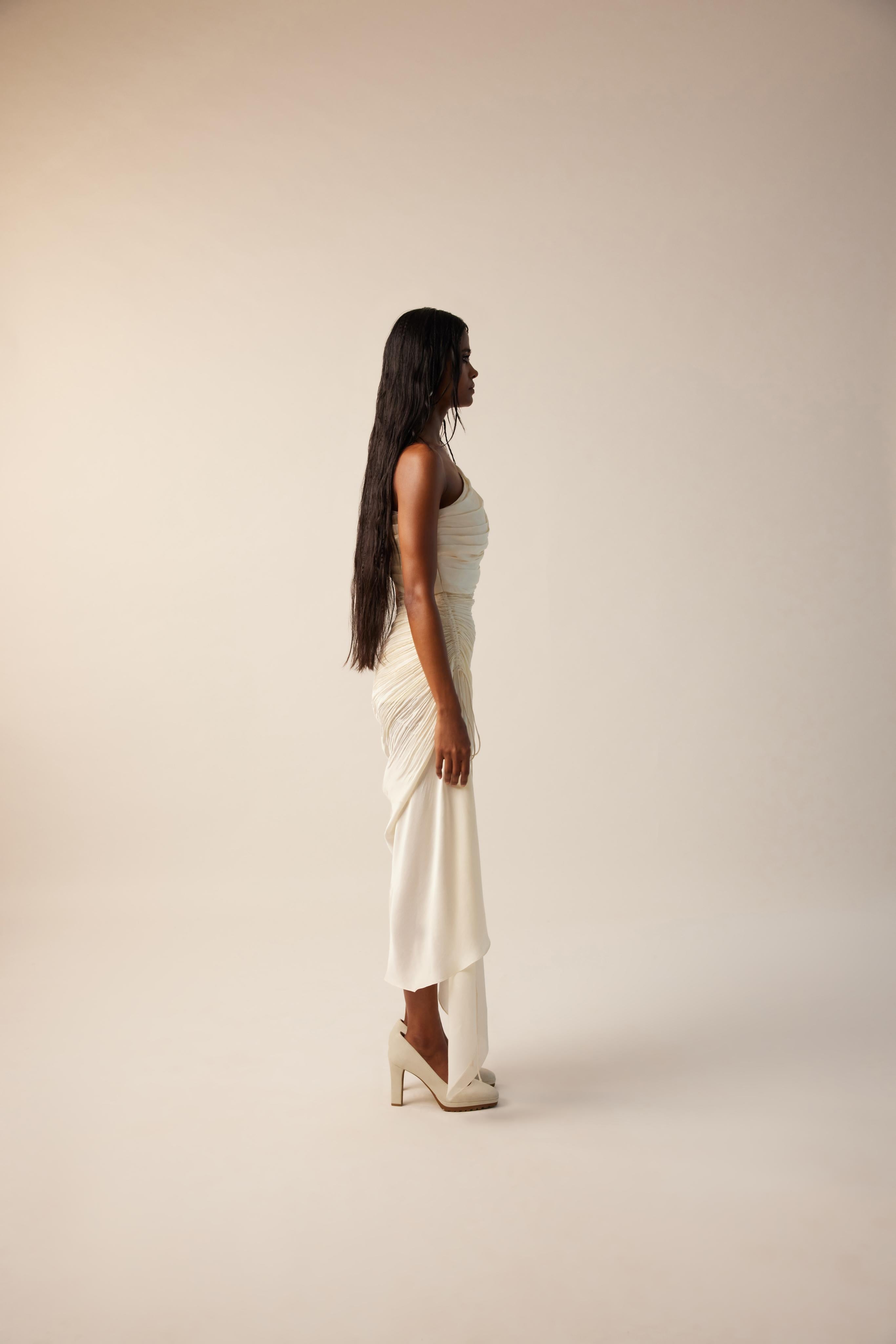 White Rosie dress-Ivory Ruched and Draped One-Shoulder Satin Dress from Aroka