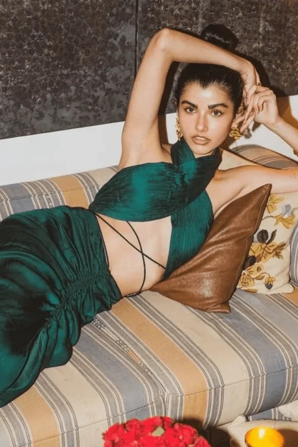 Ayesha Kanga in Hope Halter in Emerald Green by Aroka. Bold silhouettes, refined details, made for moments that matter.