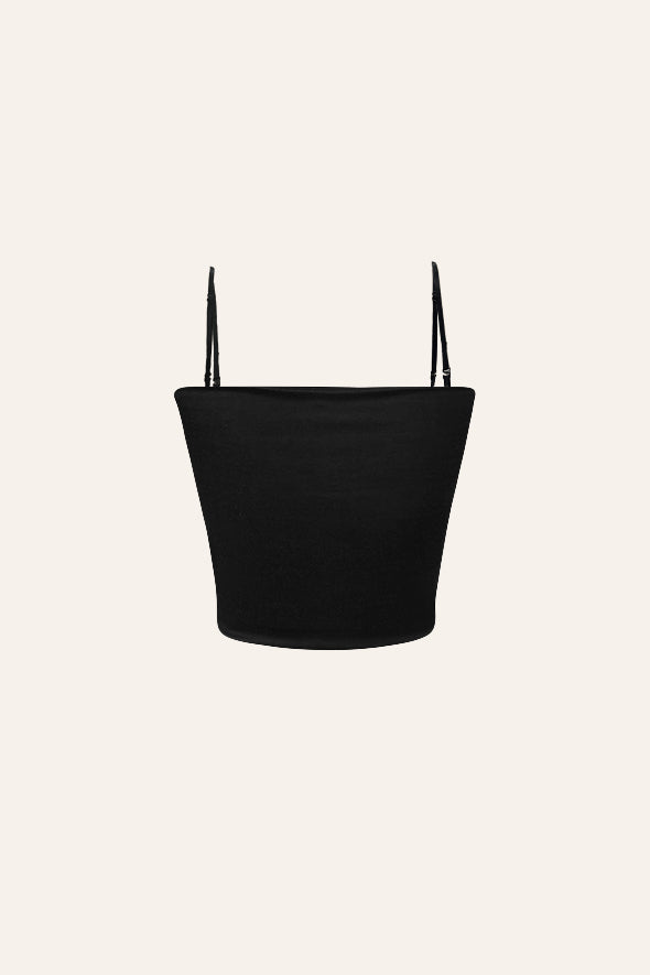 Viscose lycra satin tube top with detachable strap in black from Aroka.