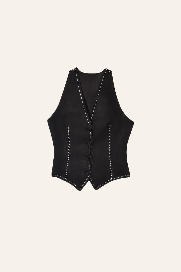 Kantha hand embroidery Black Linen Waistcoat by Aroka.