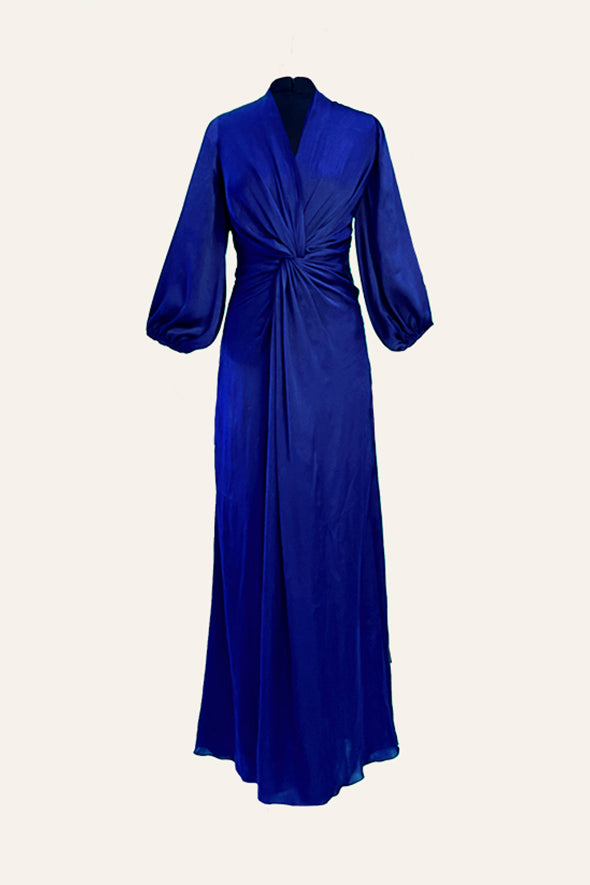 Modal satin draped dress in blue with twisted drape from Aroka