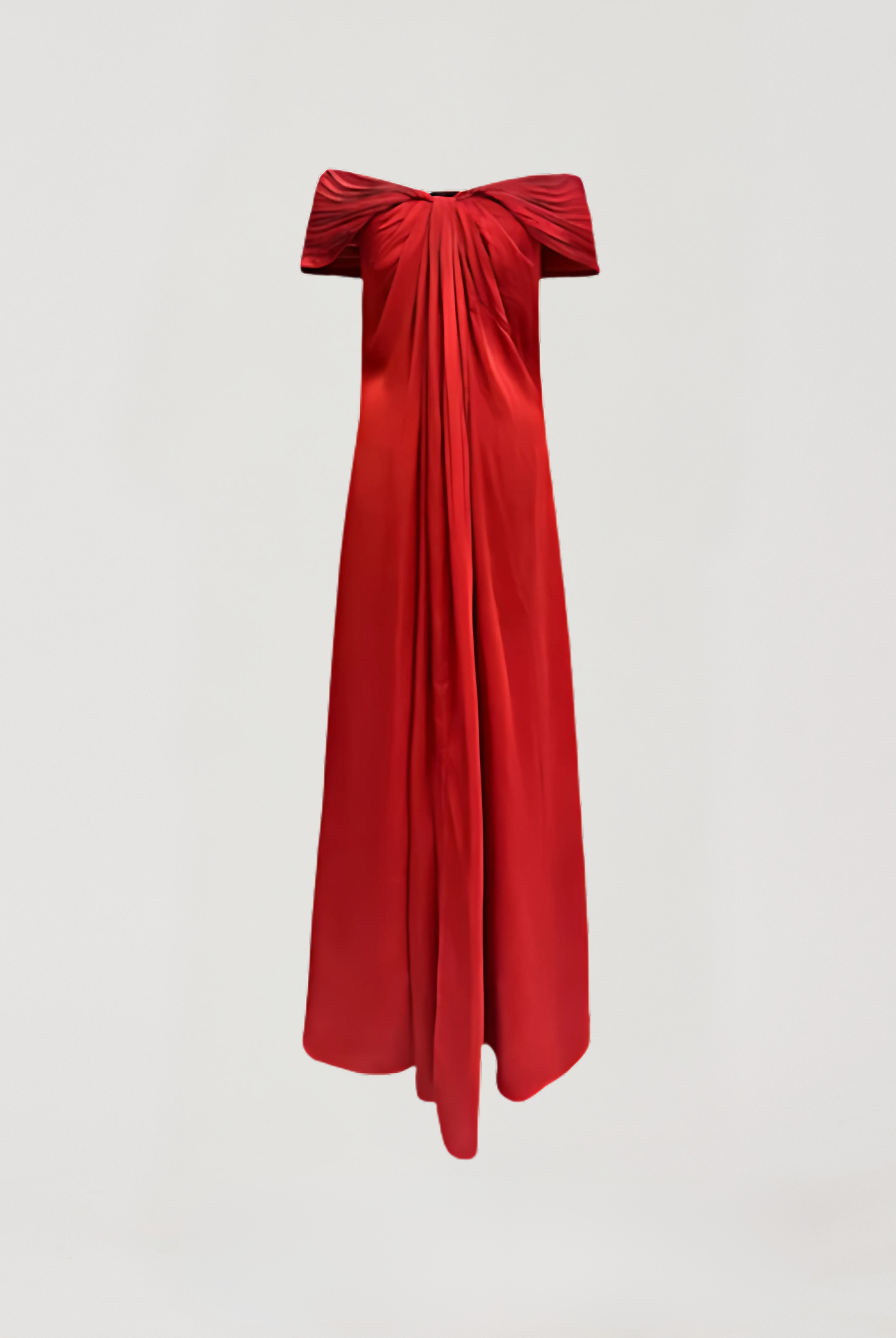 Cherry Bow Off-shoulder Dress: Red off-shoulder dress with back zip- modal satin dress from Aroka.