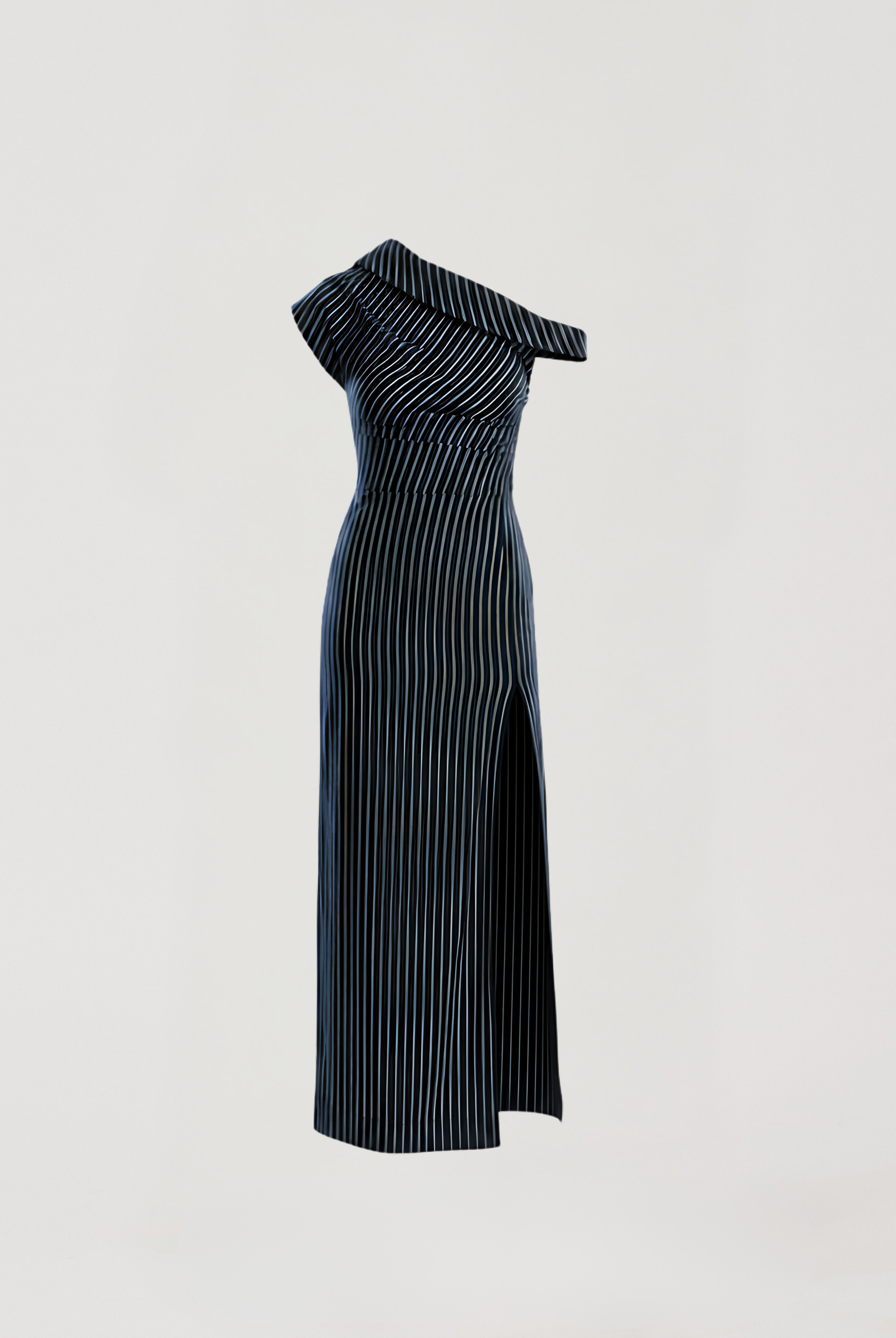 Aroka’s Linear Shift is a one shoulder denim dress in striped denim, featuring sculpted pleats, a column silhouette, and a side slit for ease.