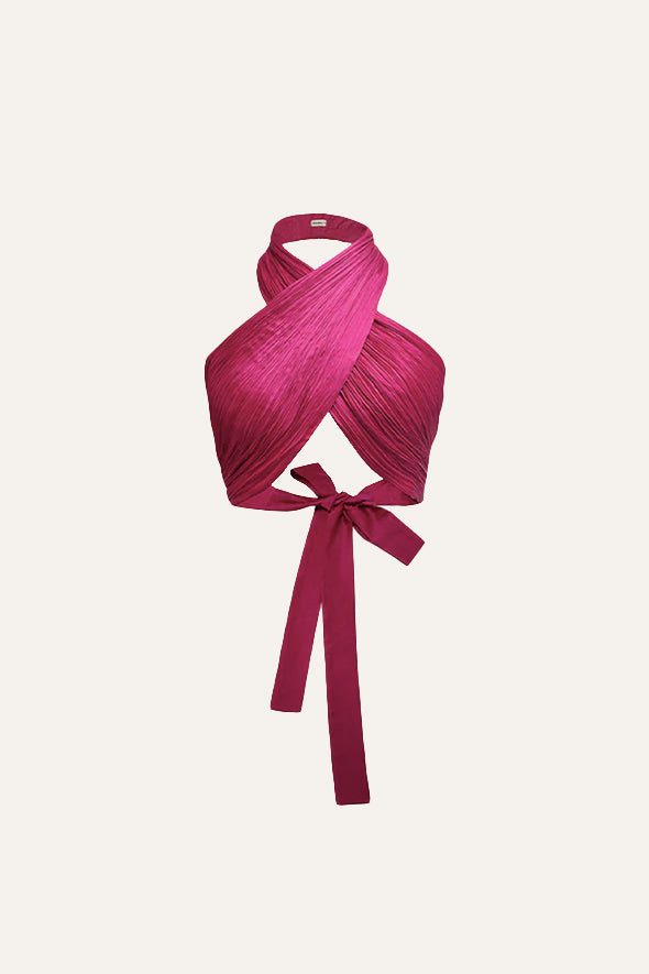 Handmade with modal satin fabric halter neck drape top in pink from Aroka.