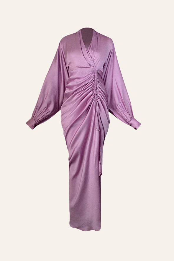 Kimono sleeve dress with drawstring detail in lilac pink by Aroka.