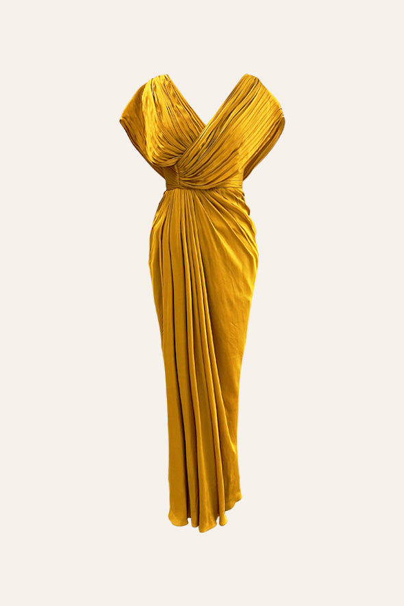 Luxurious Modal Satin Golden Gown with pleated detailing from Aroka