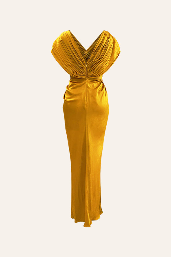 Luxurious Modal Satin Golden Gown with pleated detailing from Aroka