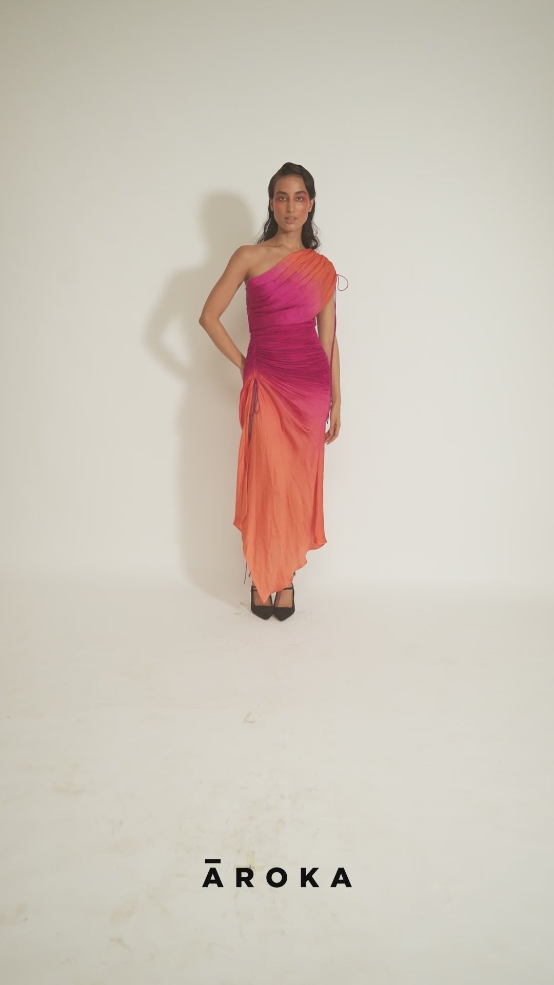 Romantic Summer Ruched dress with draped shoulder and drawstring details from Aroka
