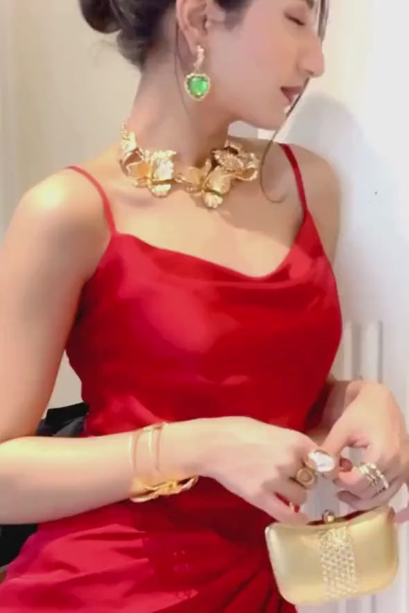 Modal Satin Red Cowl Neck Spaghetti Strap Top from Aroka.