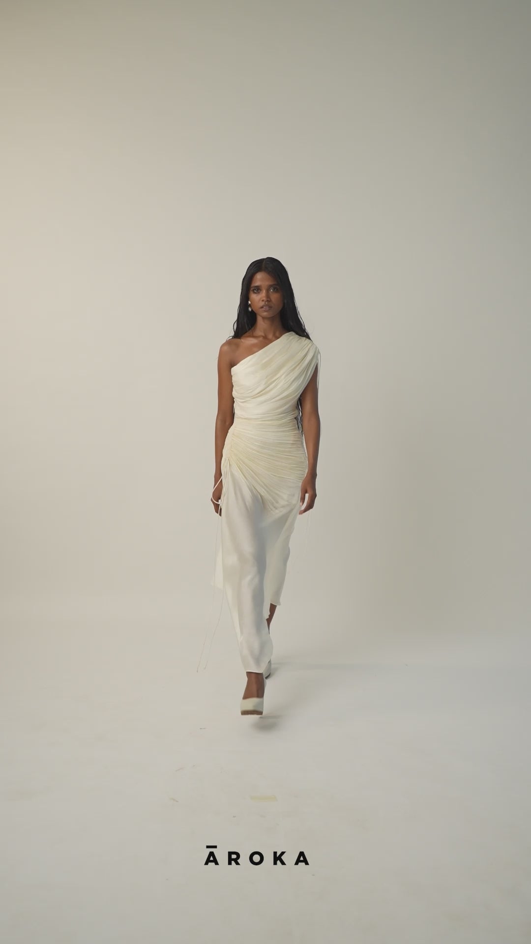 White Rosie dress-Ivory Ruched and Draped One-Shoulder Satin Dress from Aroka