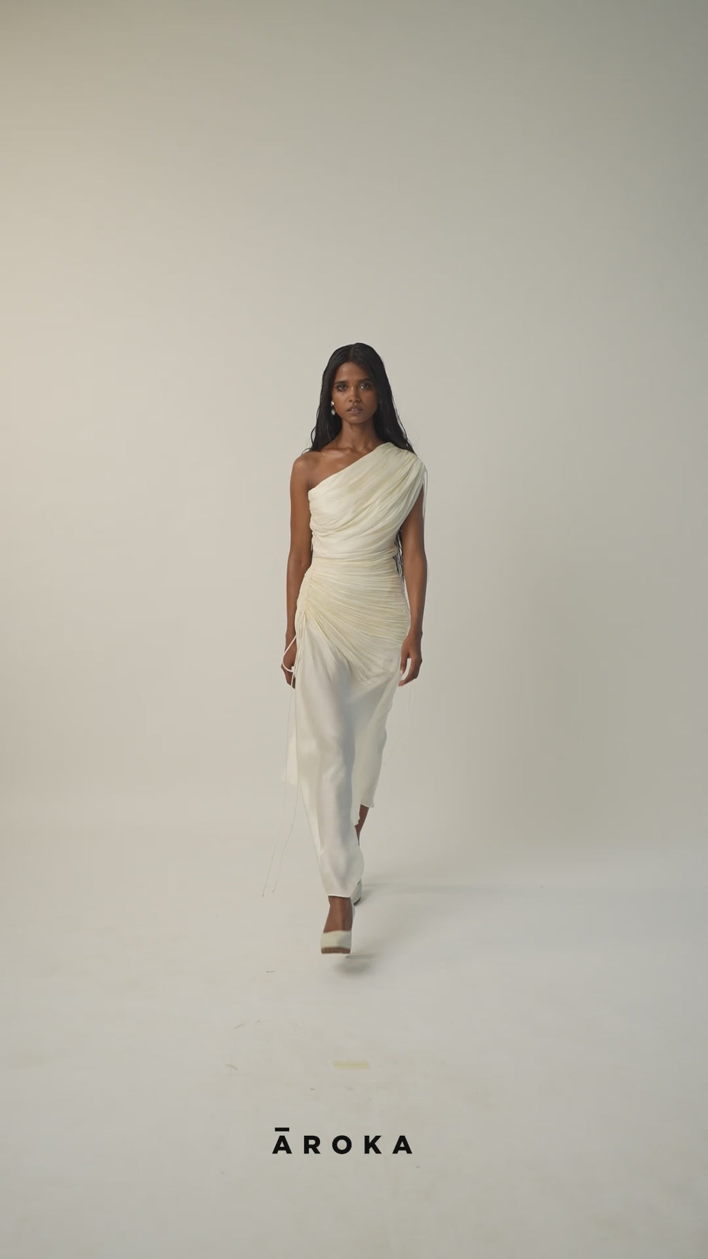 White Rosie dress-Ivory Ruched and Draped One-Shoulder Satin Dress from Aroka