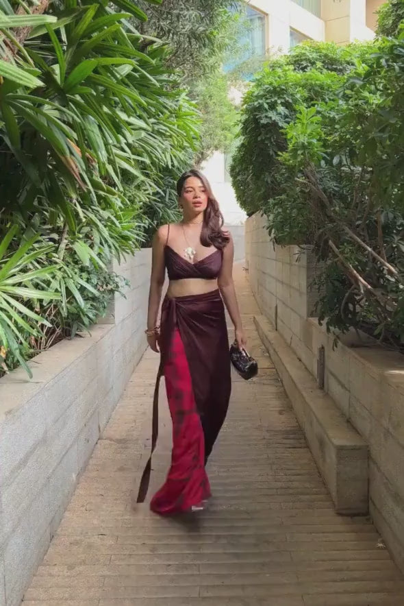 Riptide Skirt in Vertical Red Tie-dye and Solid Brown Multiway Drape Skirt from Aroka.