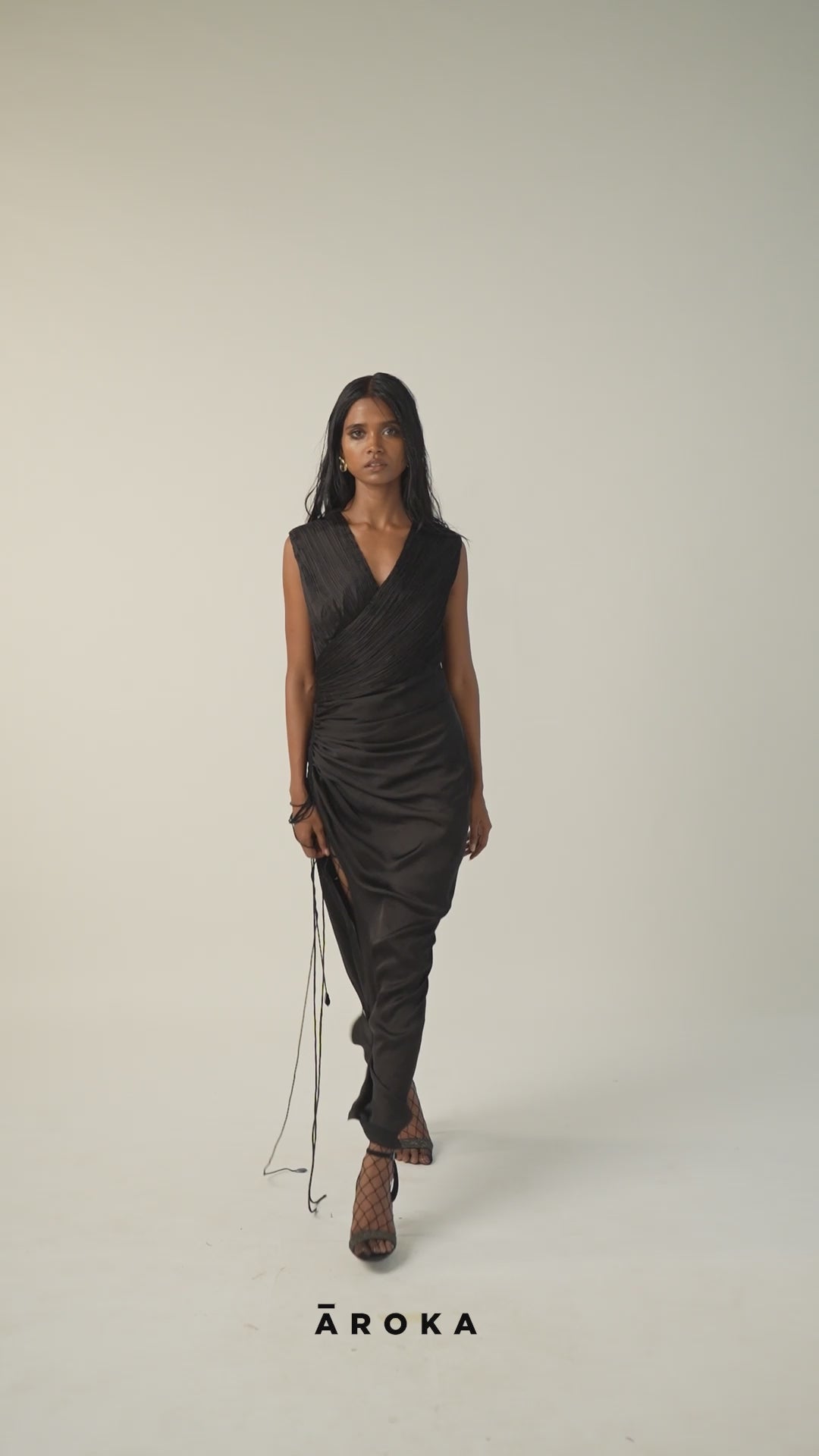Black Ruched and Draped Satin Long Dress from Aroka.