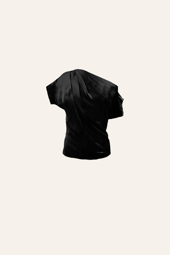 Black off-shoulder cowl drape with overlap wrap skirt with embroidery from Aroka.