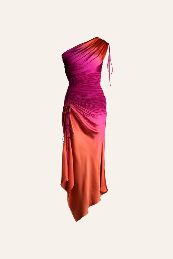 Romantic Summer Ruched dress with draped shoulder and drawstring details from Aroka
