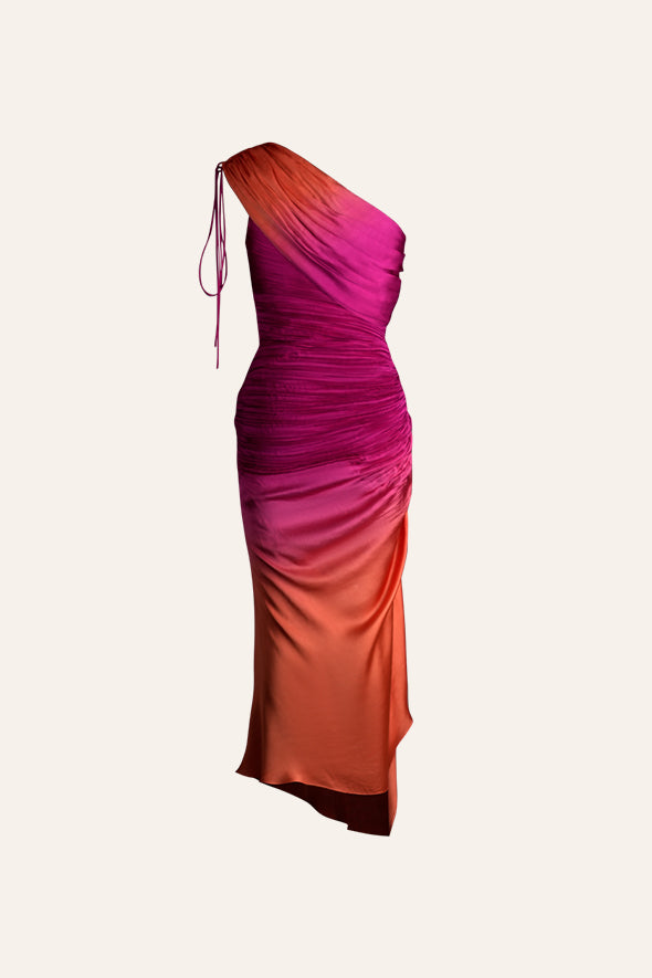 Romantic Summer Ruched dress with draped shoulder and drawstring details from Aroka