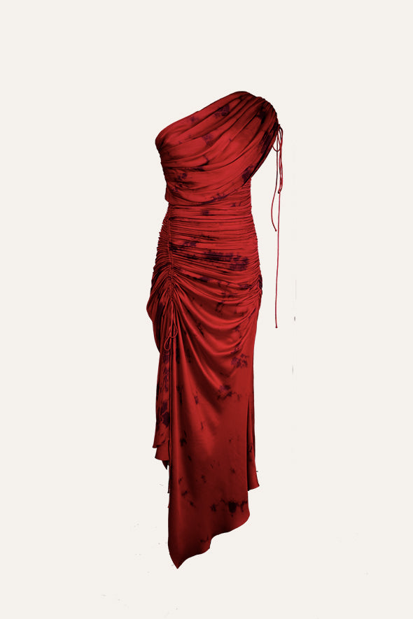 Red One-shoulder ruched dress for summers by Aroka