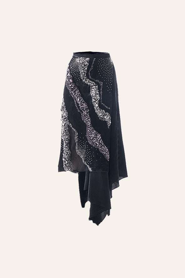 Black off-shoulder cowl drape with overlap wrap skirt with embroidery from Aroka.