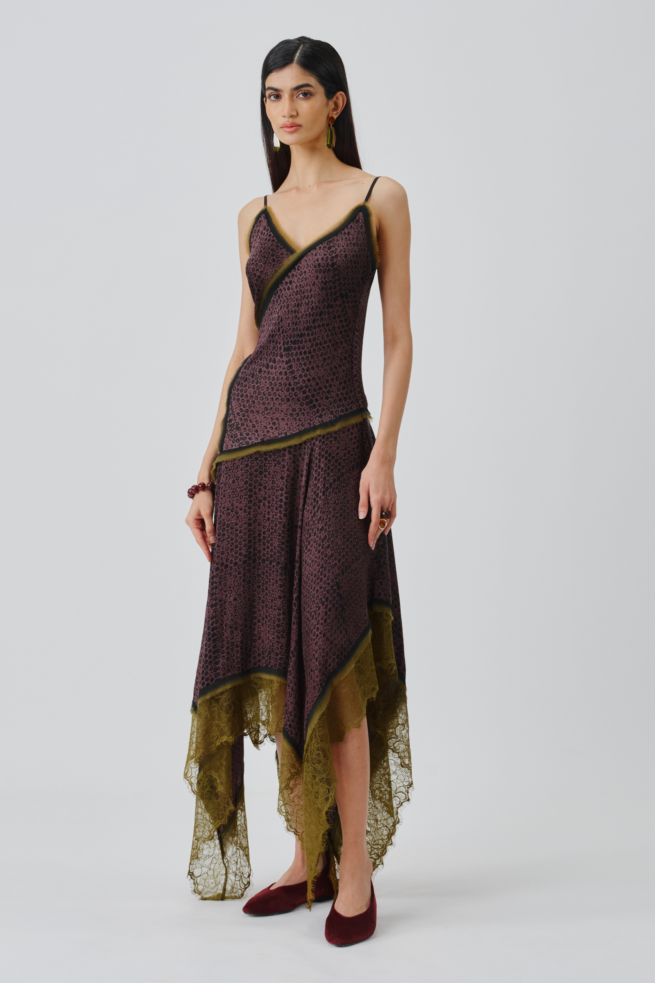 Model wearing wildflower ajrakh dress, showcasing the full view