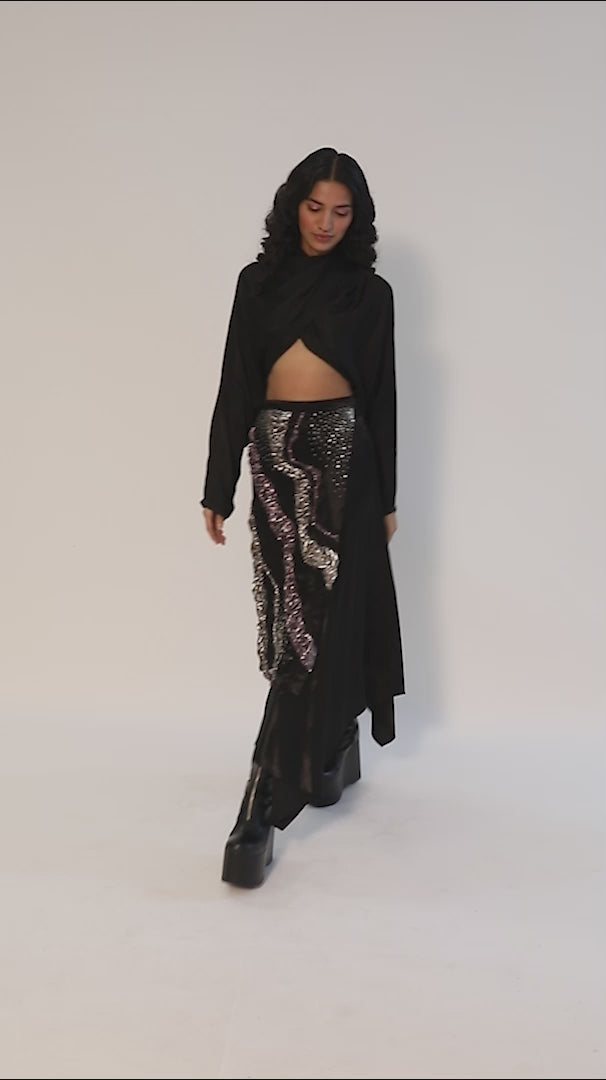 Modal satin overlap crop top with draped high neck from Aroka.