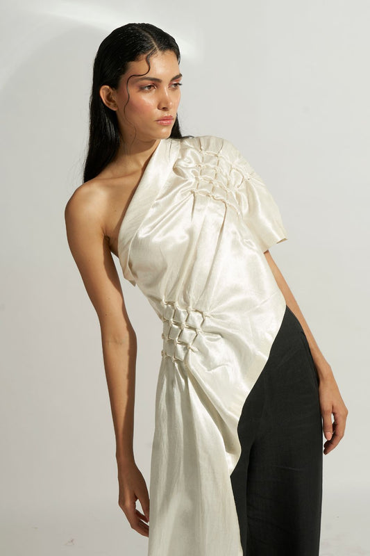 Mashru hand embroidered draped off shoulder, asymmetric top in off-white from Aroka.