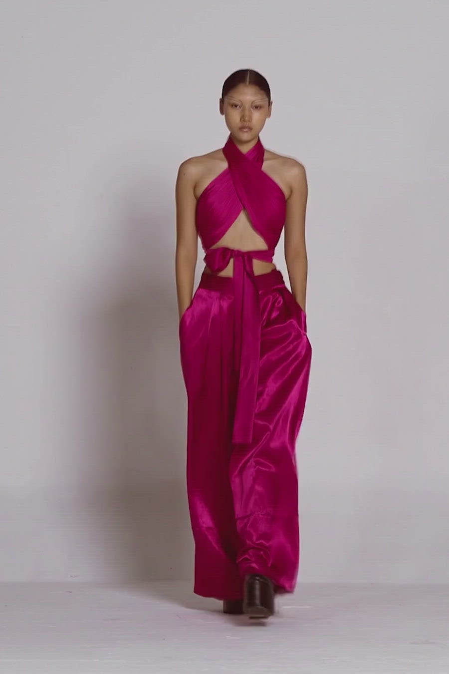 Hot Pink Halter neck drape top with back tie-up from Aroka.