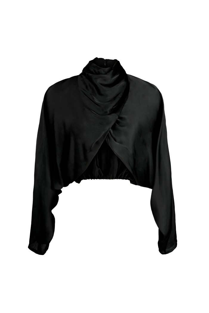 Modal satin overlap crop top with draped high neck from Aroka.