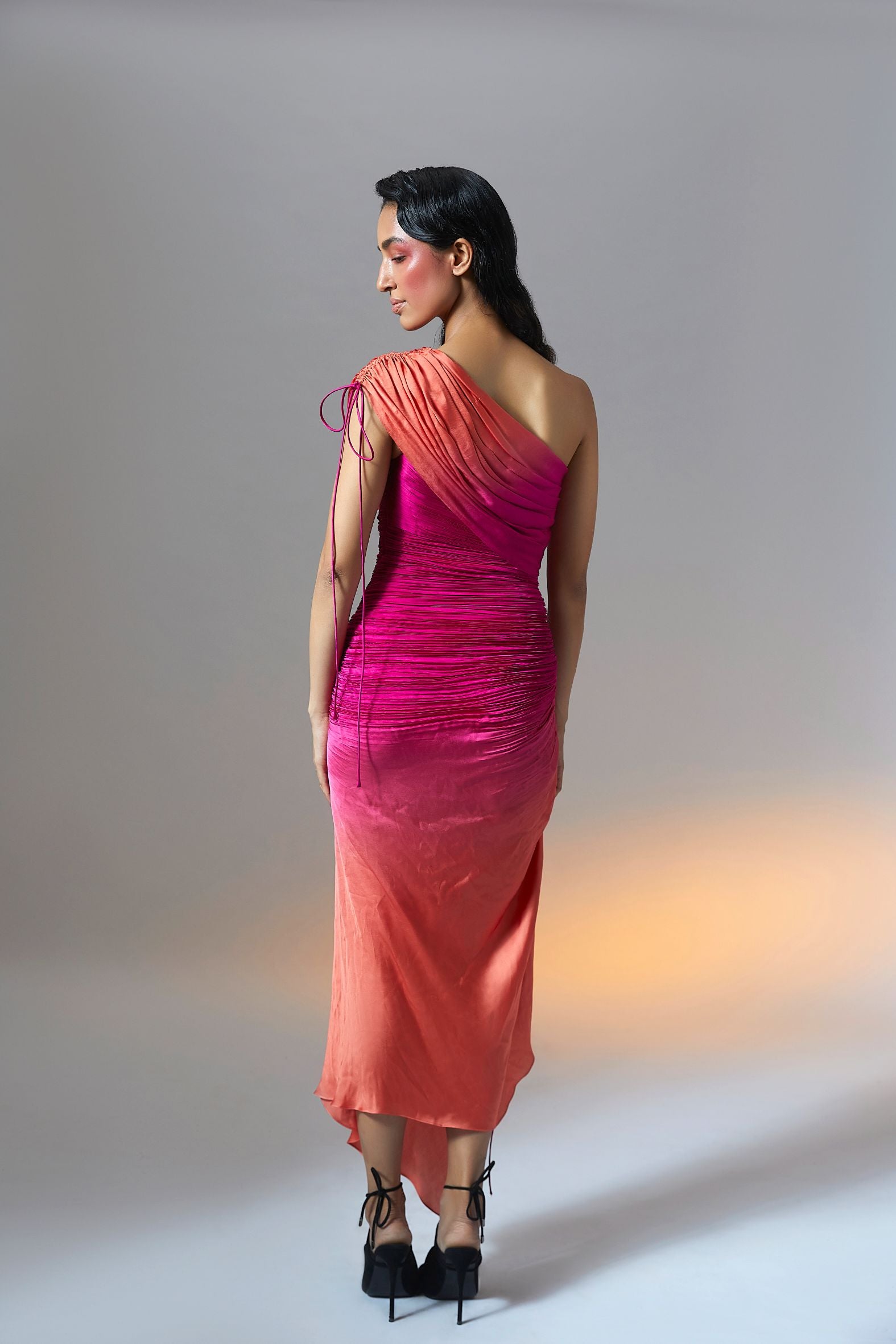 Romantic Summer Ruched dress with draped shoulder and drawstring details from Aroka