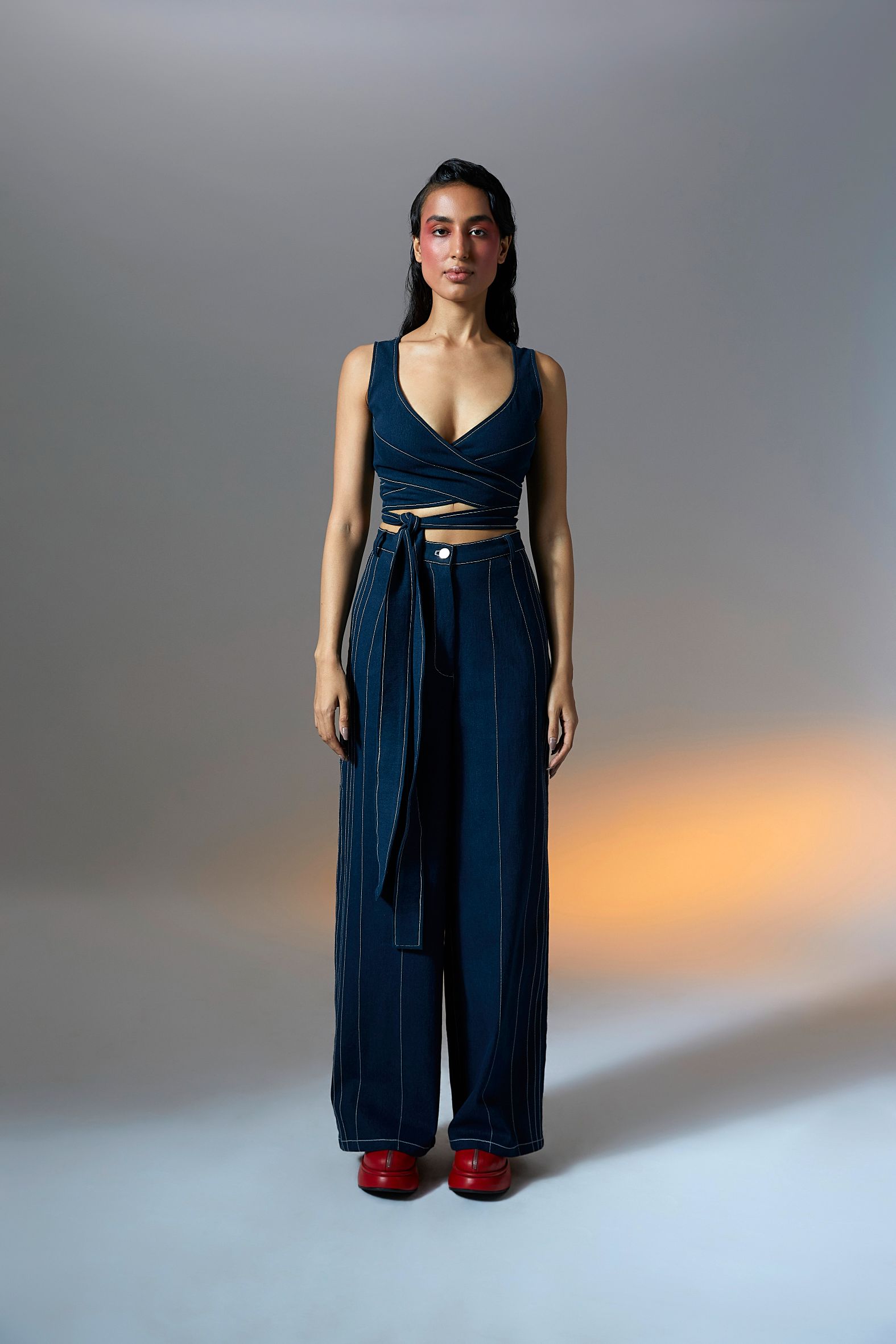 Indigo Wrap Denim Top in Blue