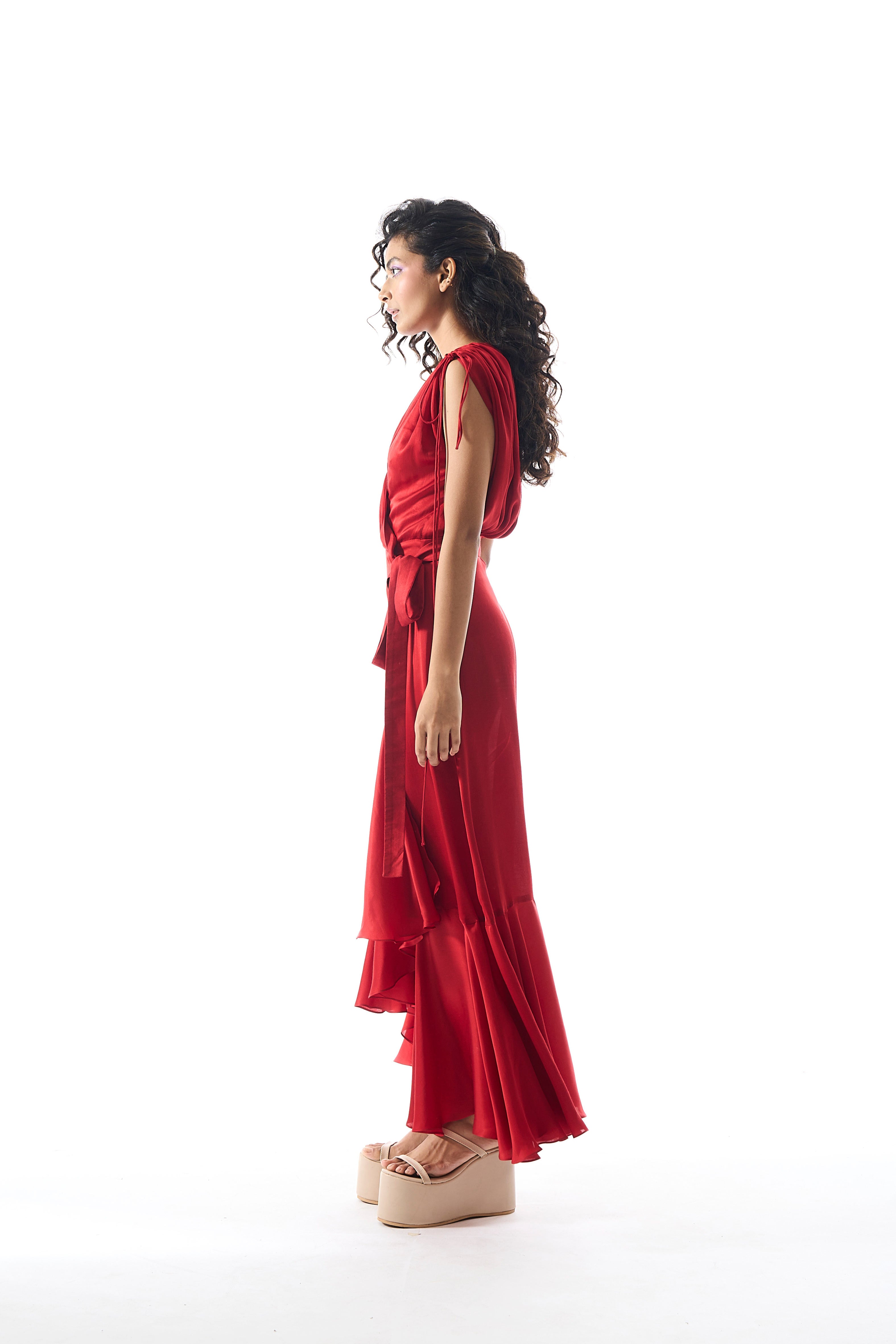 Red modal satin overlap drape dress with ruffled hem and drawstring on shoulders from Aroka
