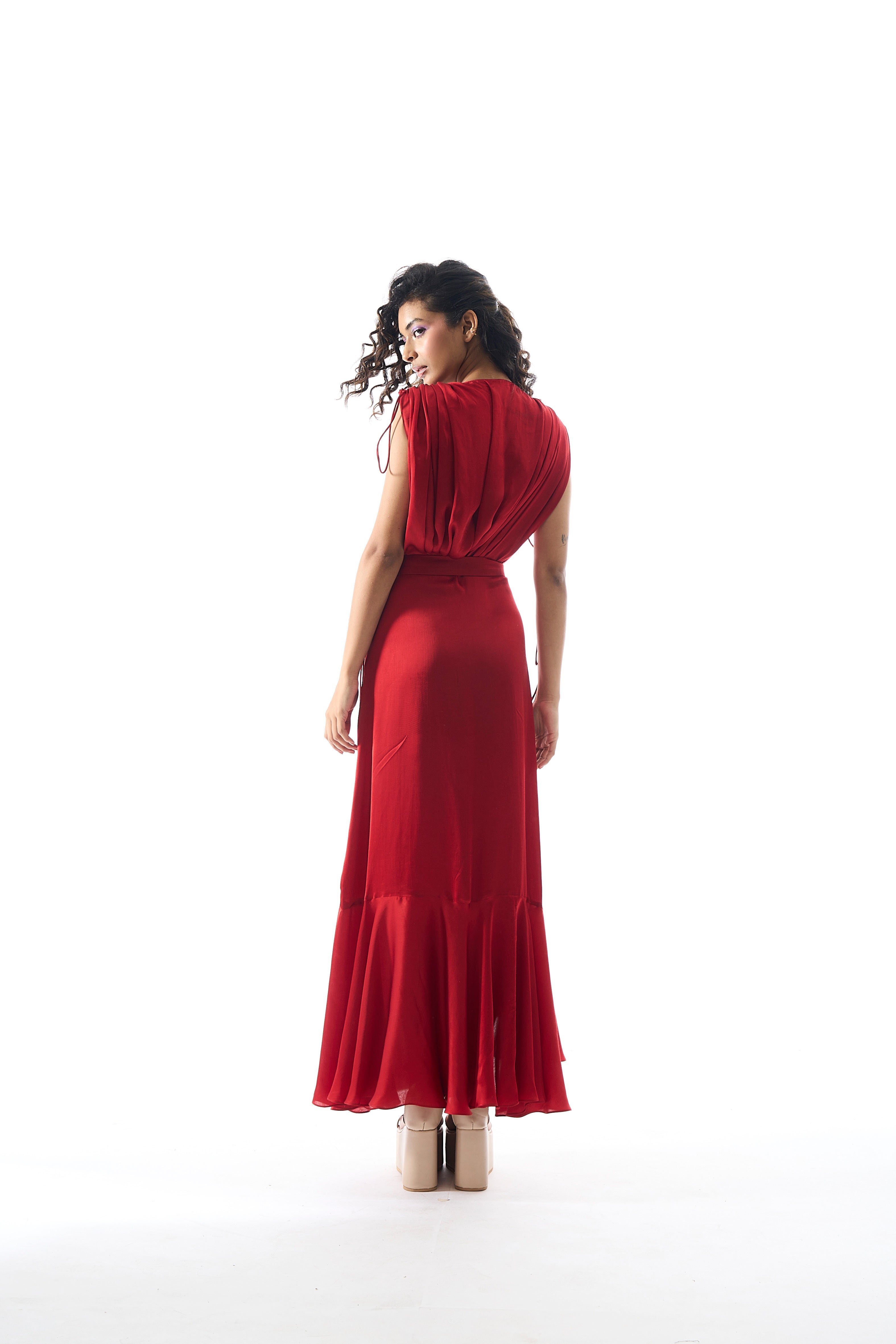 Red modal satin overlap drape dress with ruffled hem and drawstring on shoulders from Aroka