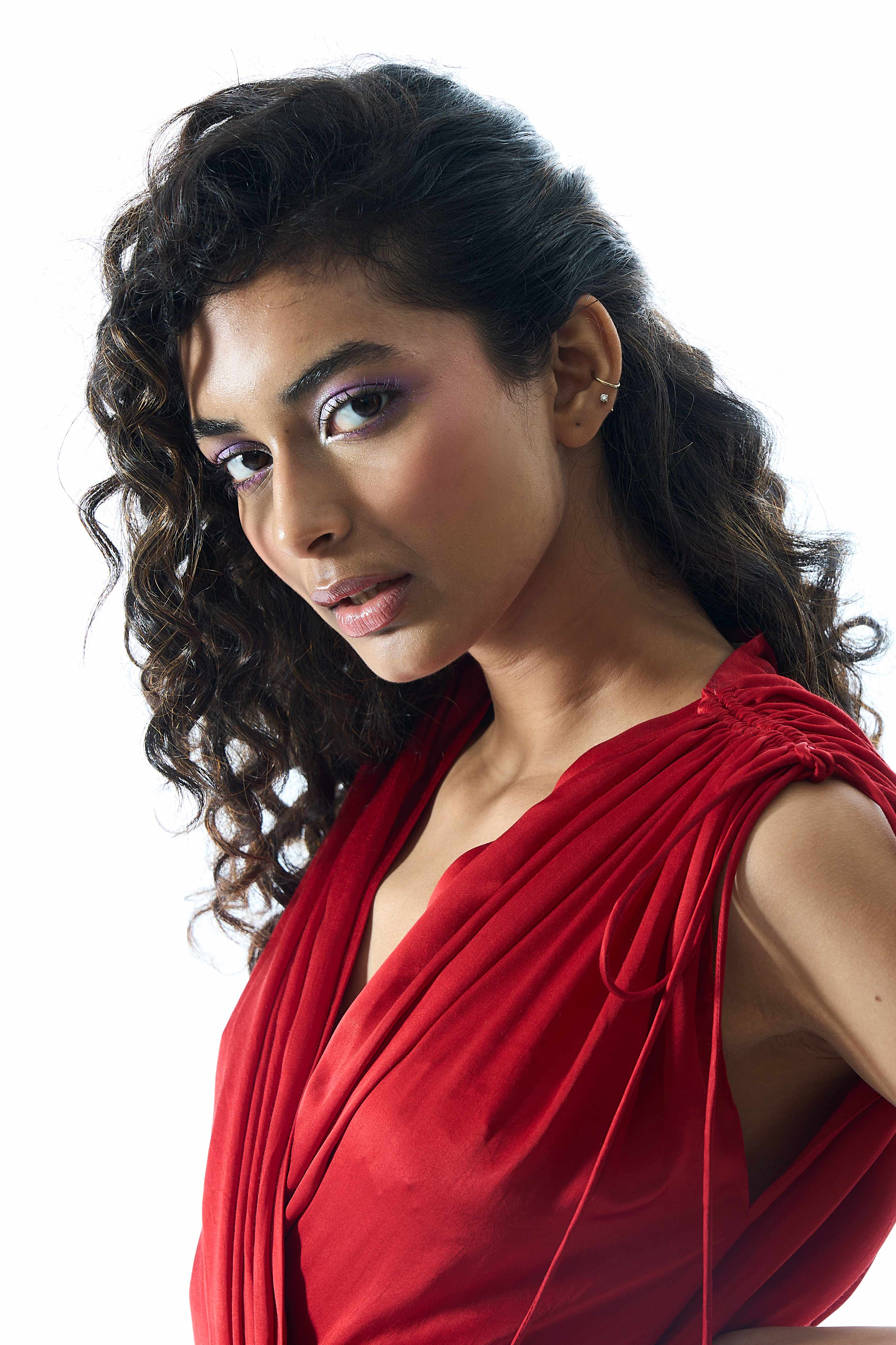 Red modal satin overlap drape dress with ruffled hem and drawstring on shoulders from Aroka