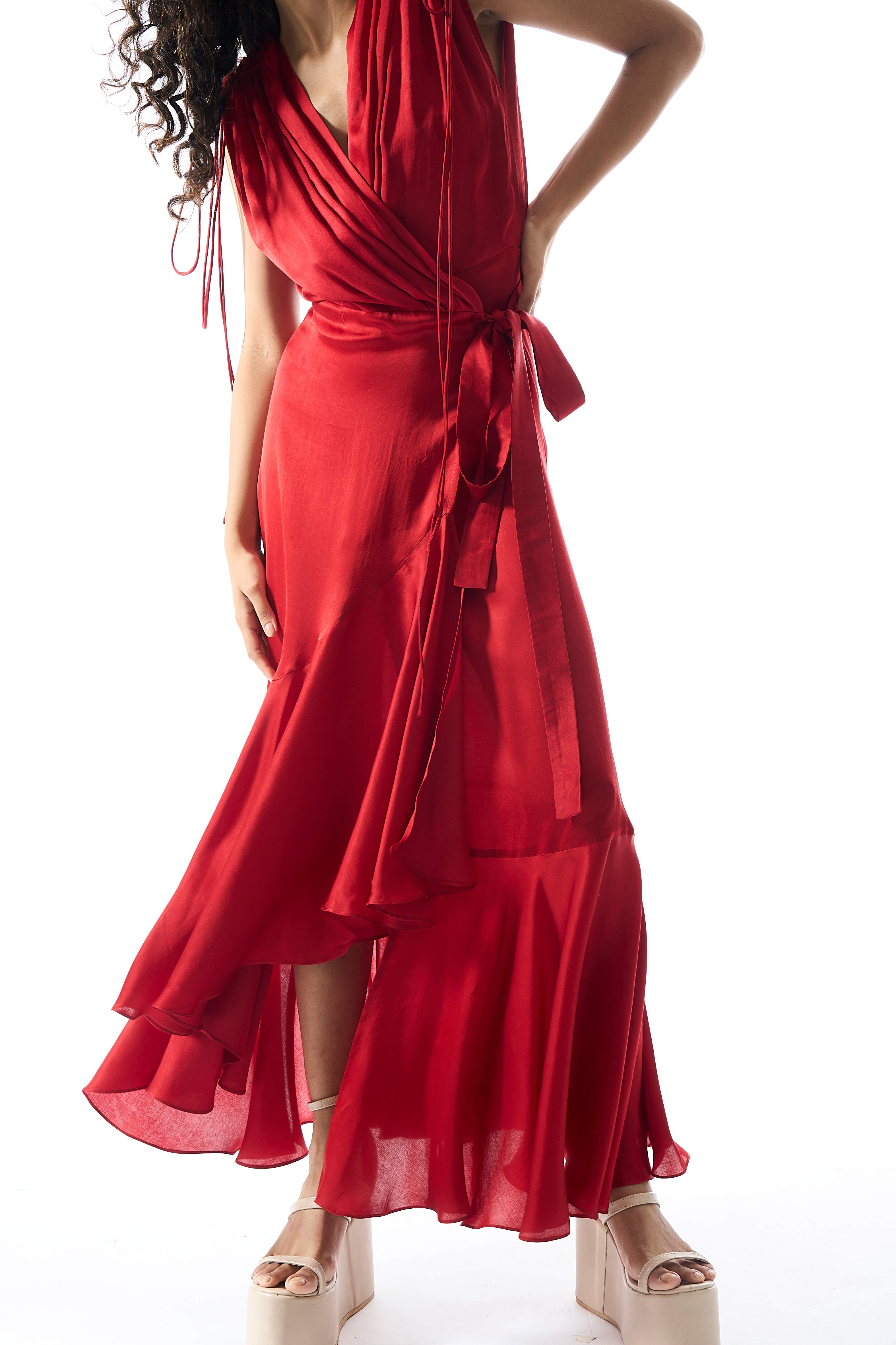 Red modal satin overlap drape dress with ruffled hem and drawstring on shoulders from Aroka