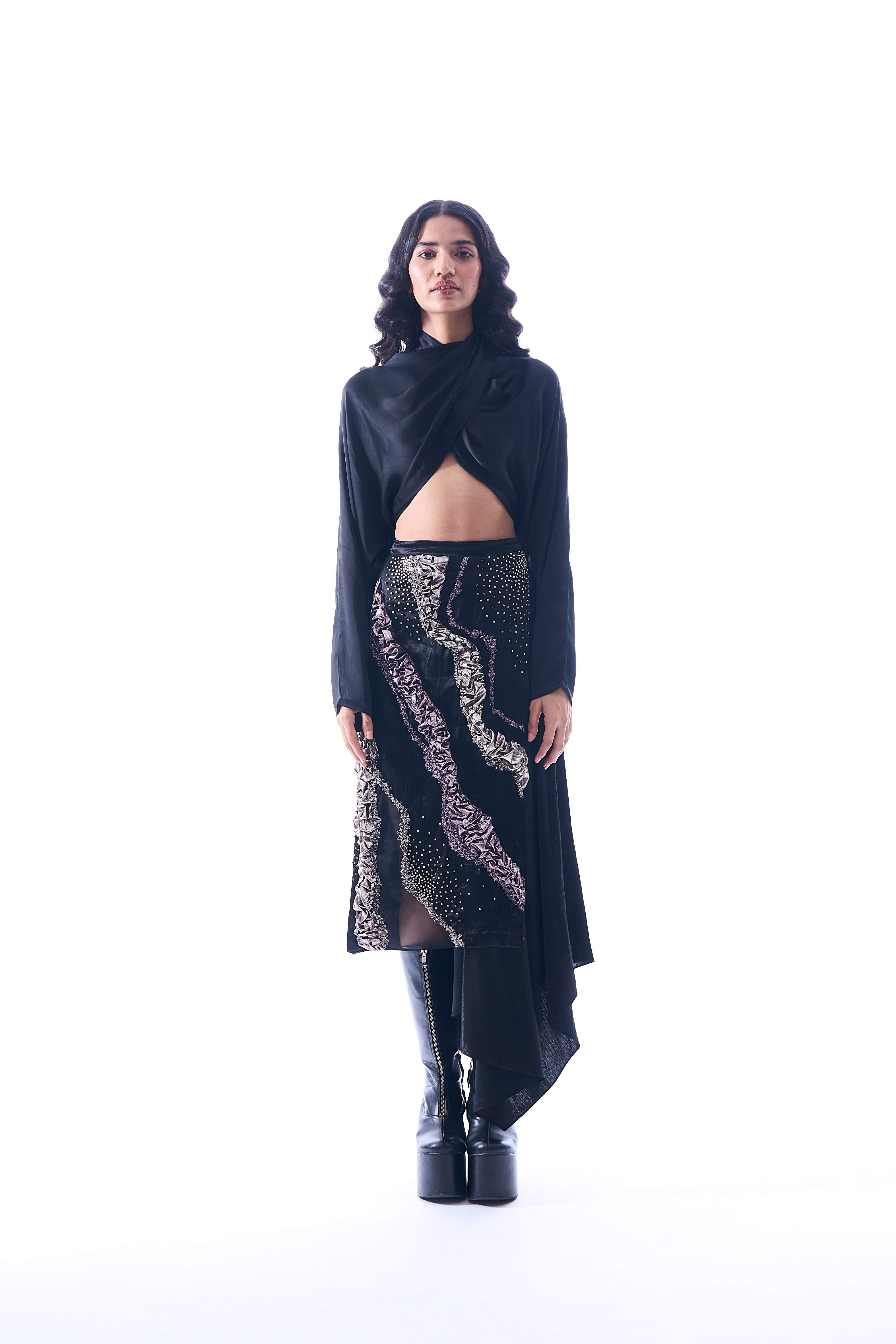 Eclipse Top- Modal satin overlap crop top with draped high neck from Aroka.