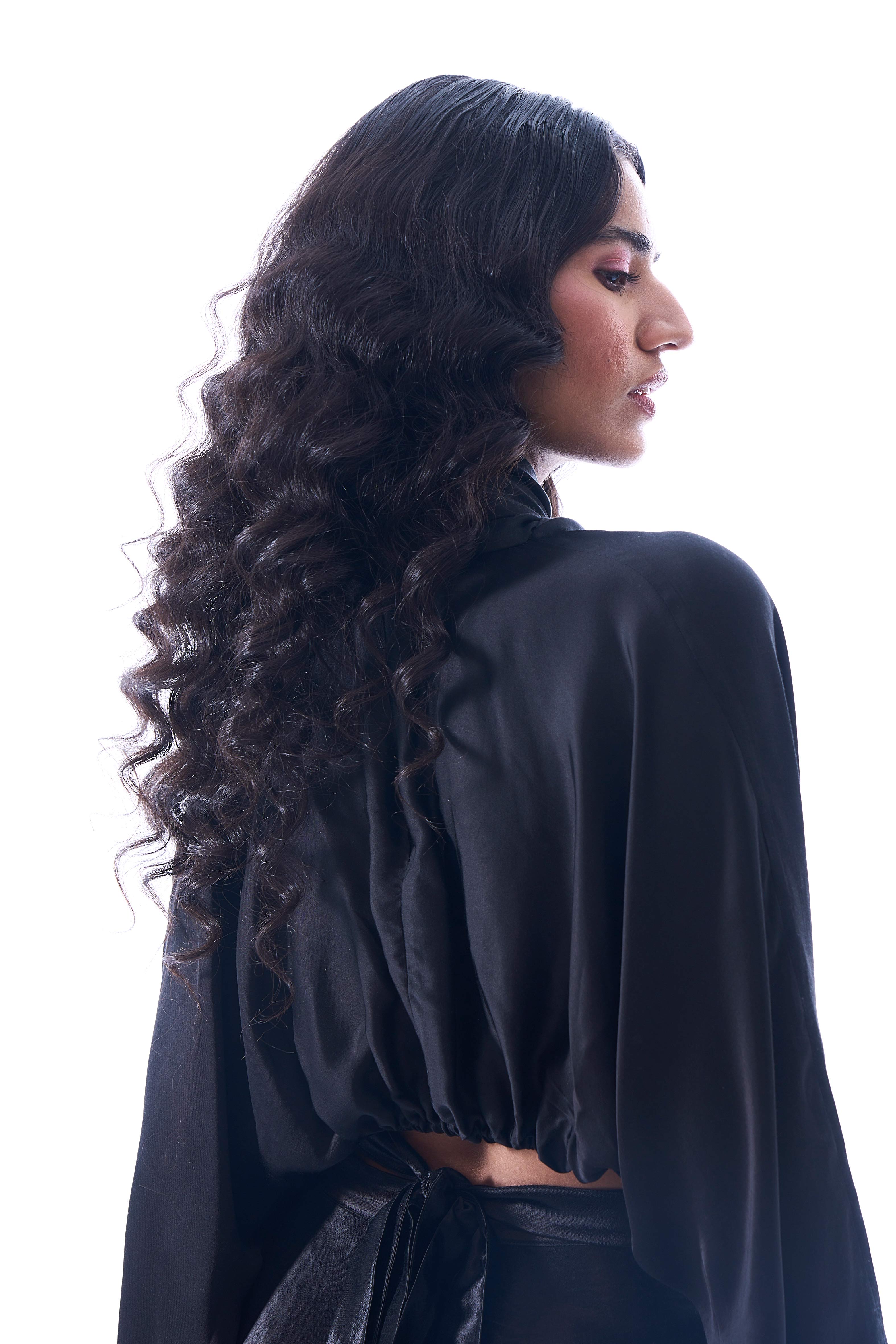 Modal satin overlap crop top with draped high neck from Aroka.