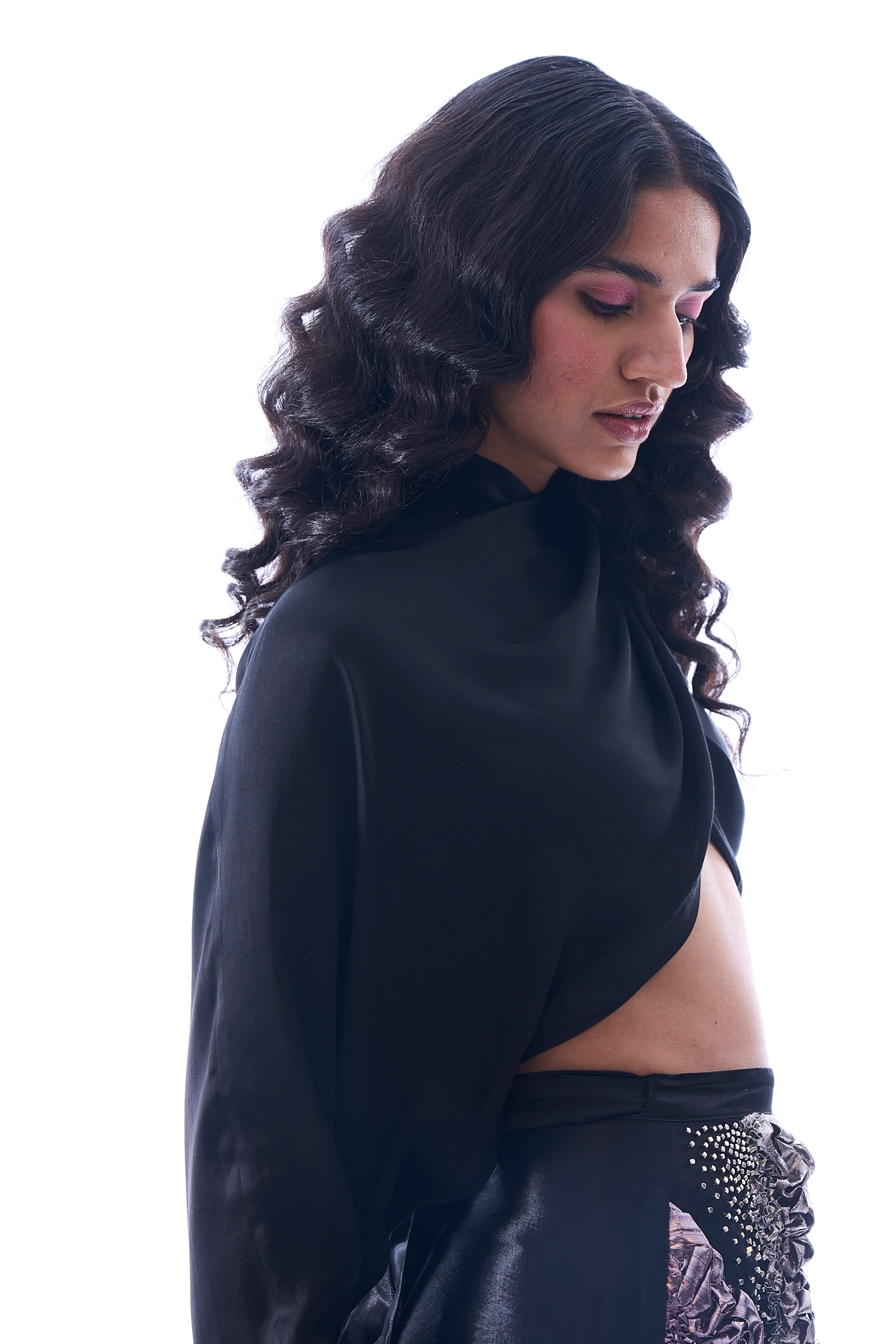 Modal satin overlap crop top with draped high neck from Aroka.