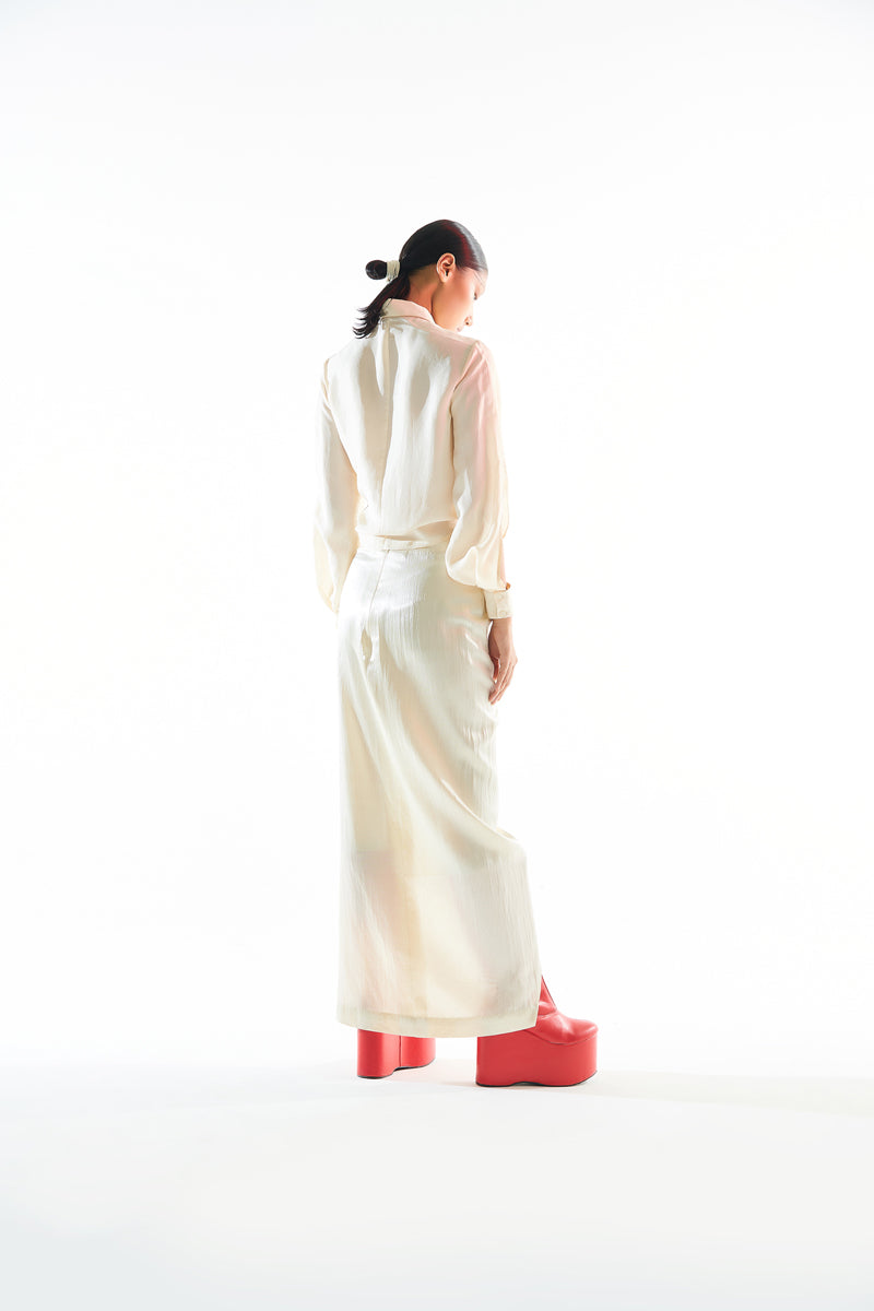 Mashru off-white overlap skirt with an easy side zipper from Aroka.