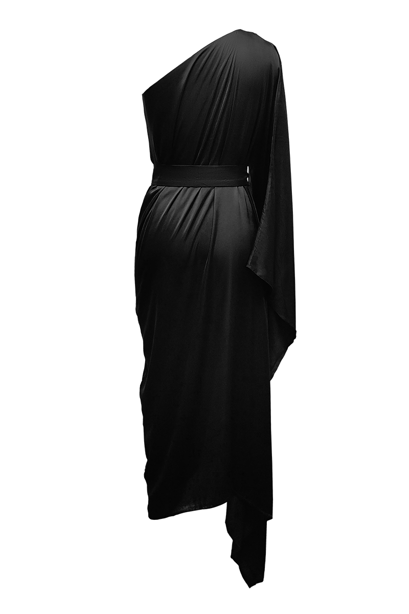 Modal satin black one shoulder kaftan dress for lounge parties from Aroka.