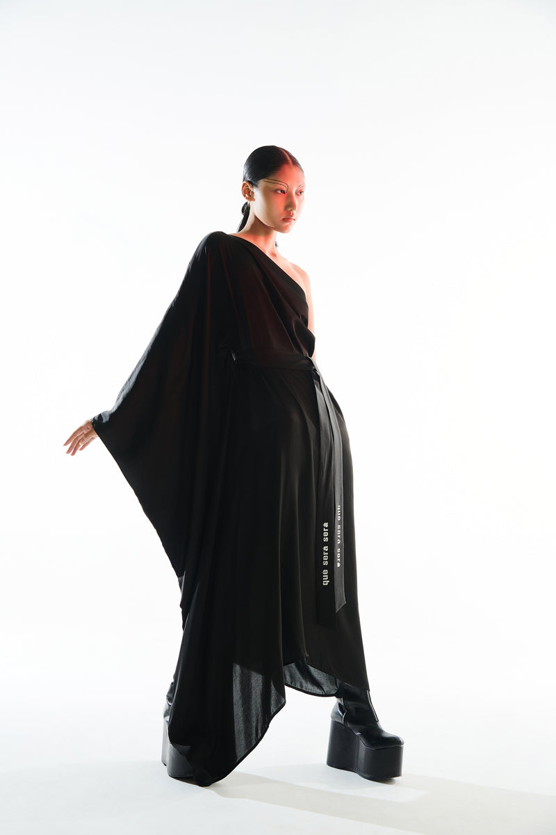 Modal satin black one shoulder kaftan dress for lounge parties from Aroka.