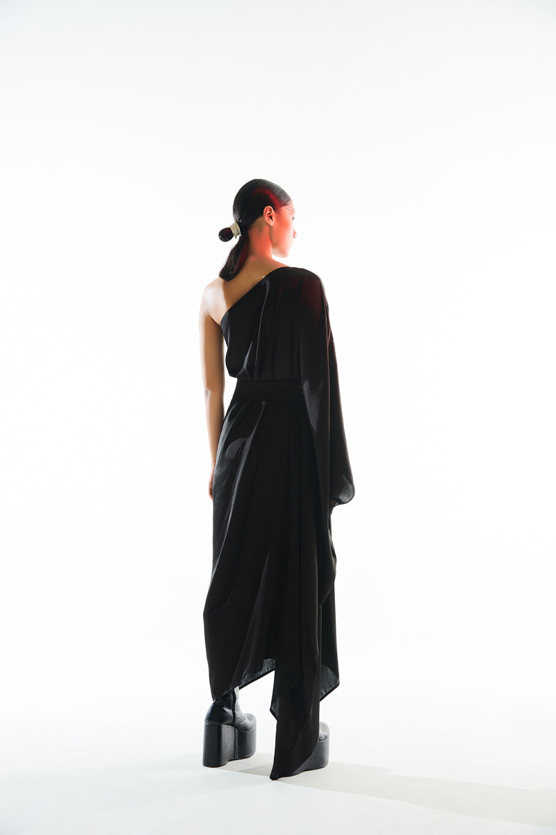 Modal satin black one shoulder kaftan dress for lounge parties from Aroka.
