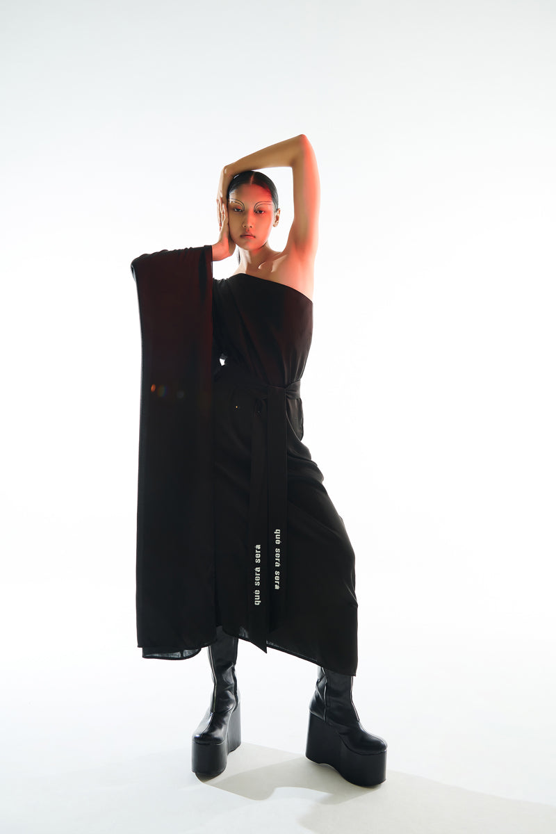 Modal satin black one shoulder kaftan dress for lounge parties from Aroka.
