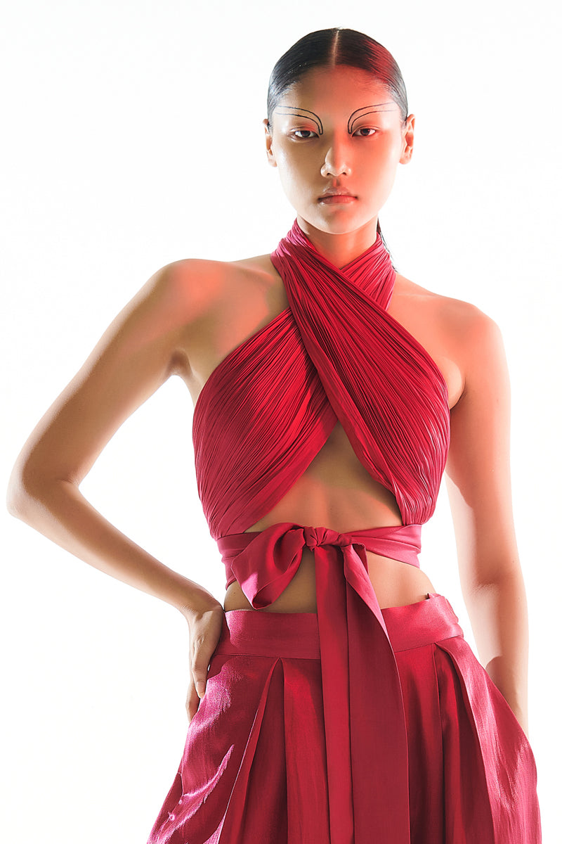 Hot Pink Halter neck drape top with back tie-up from Aroka.
